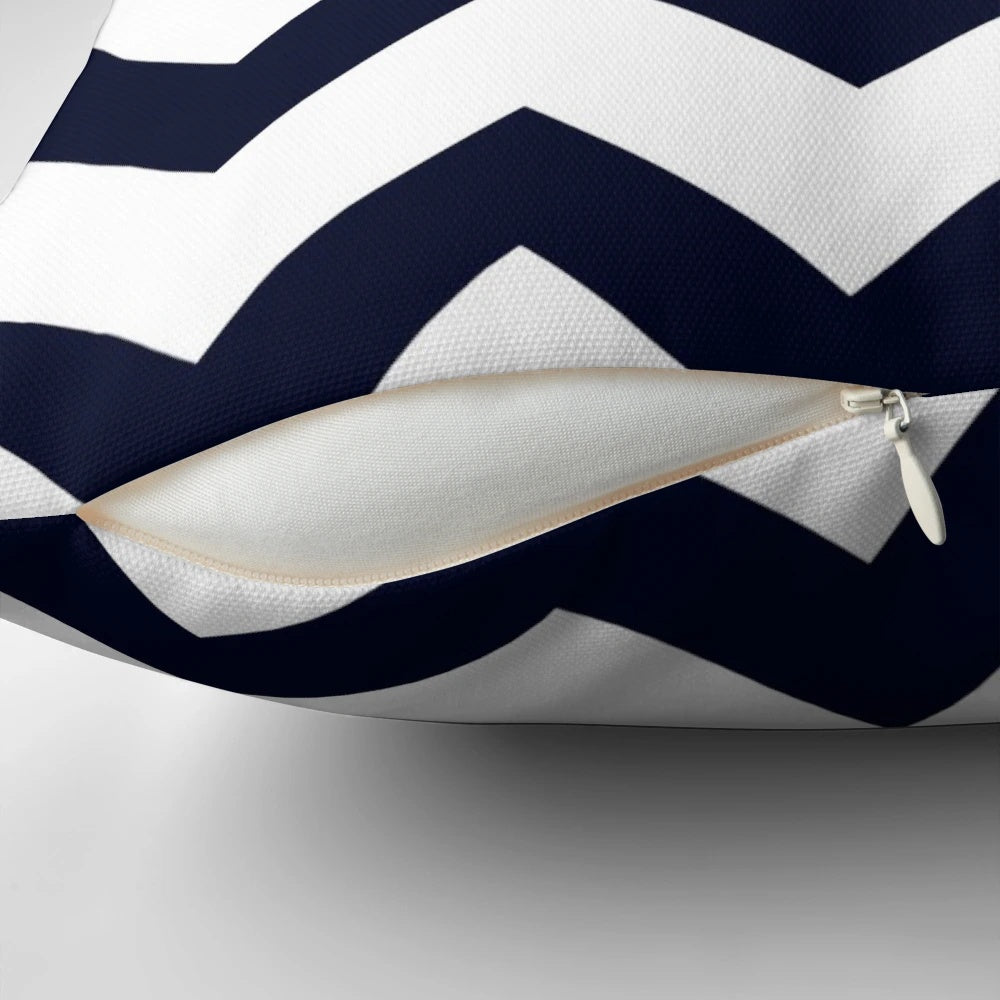 Navy blue chevron patterned decorative pillow for modern, monochrome home decor