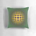 Vibrant op art pillow with abstract geometric patterns and optical illusion design.