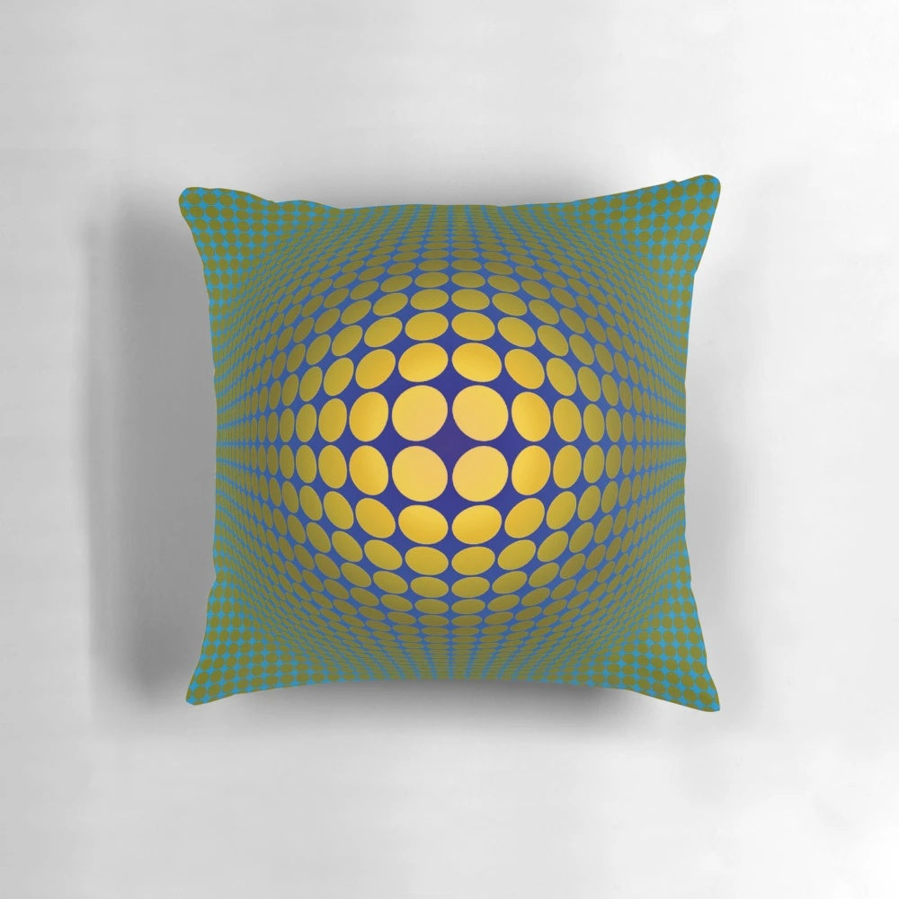 Vibrant op art pillow with abstract geometric patterns and optical illusion design.