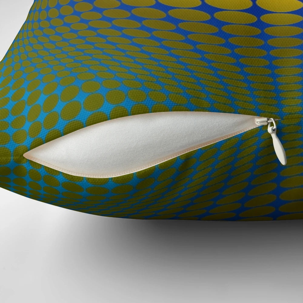 Vibrant op art pillow with abstract geometric patterns and optical illusion design.