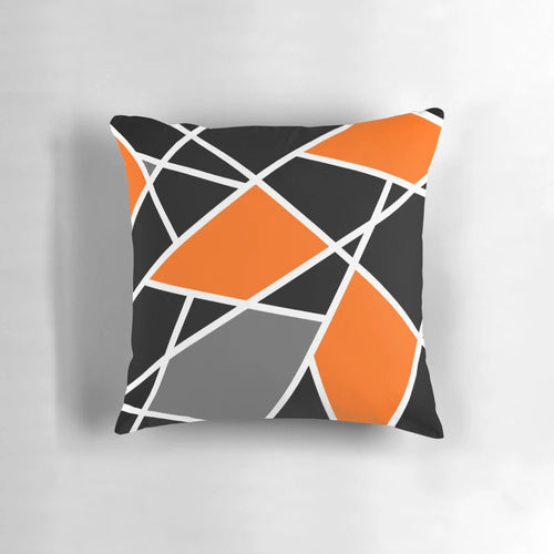 "Modern orange geometric pattern pillow with abstract lines and shapes for boho-inspired home decor"