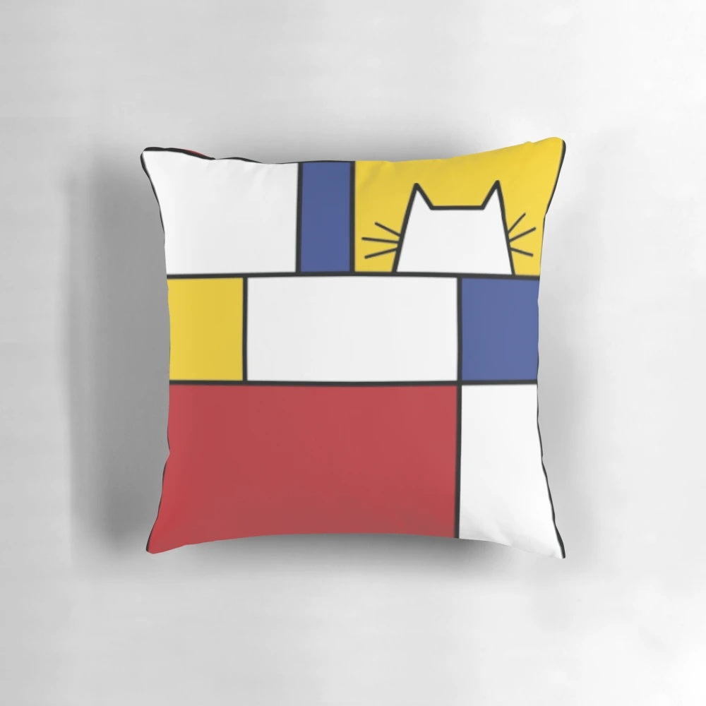 A modern, geometric pillow featuring a Piet Mondrian-inspired polychromatic design with a cat silhouette.