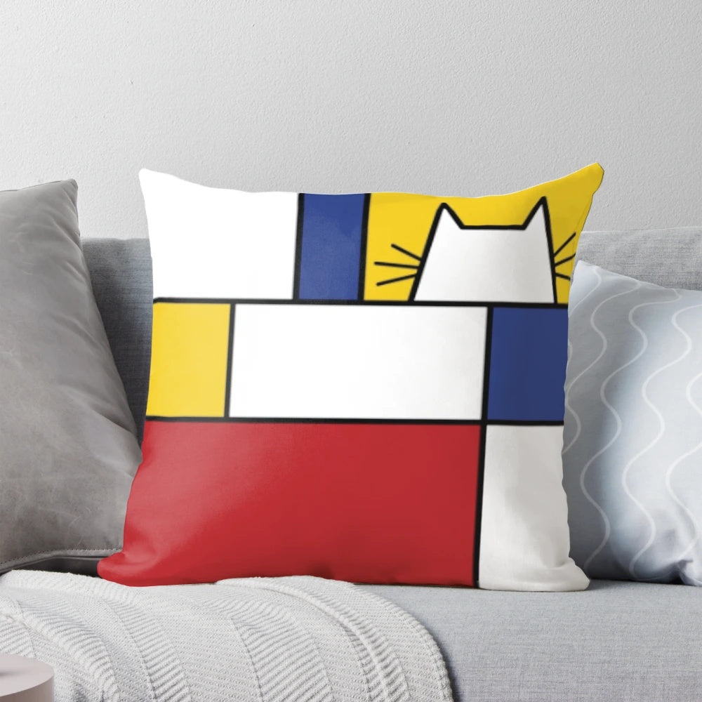 A modern, geometric pillow featuring a Piet Mondrian-inspired polychromatic design with a cat silhouette.