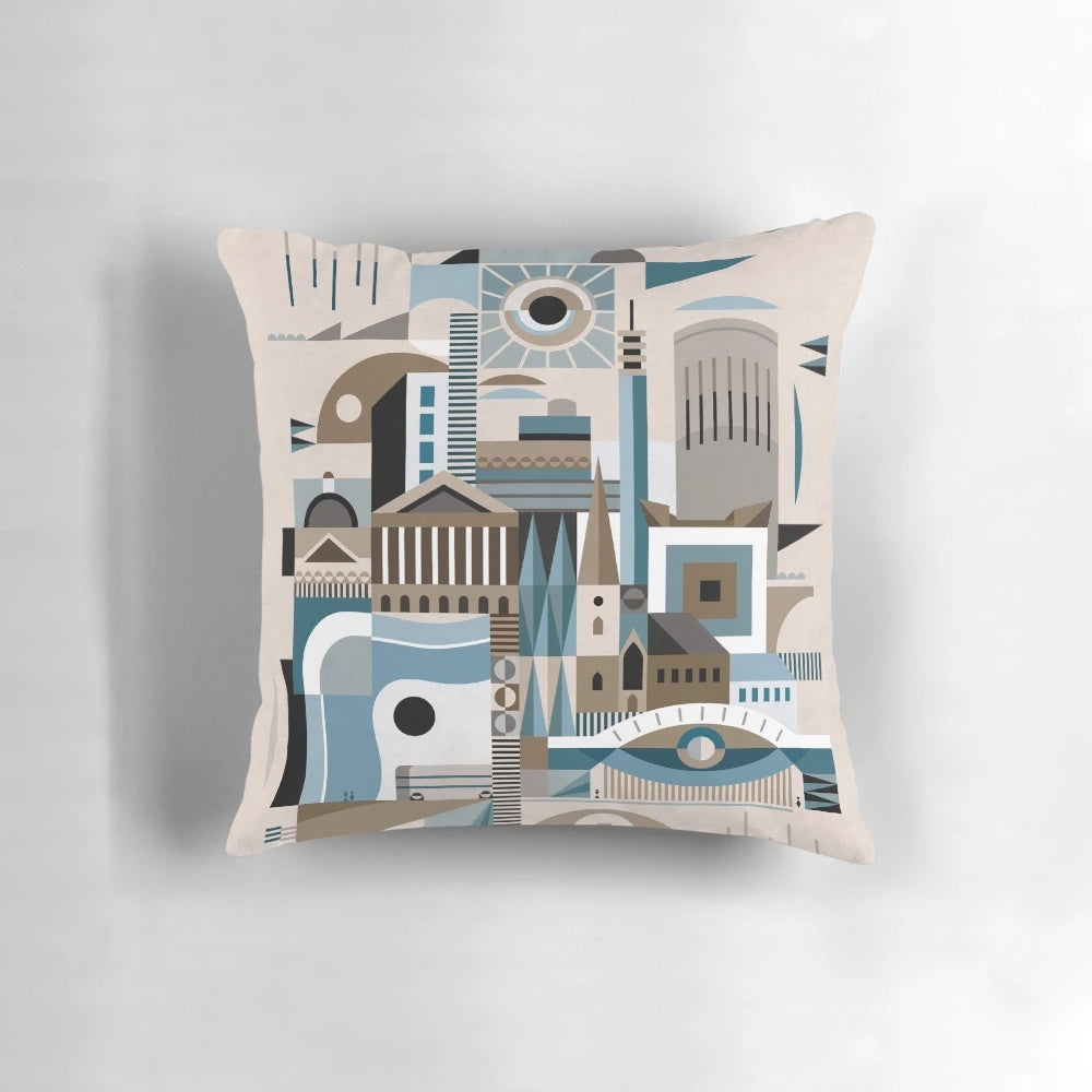 Modernist-inspired pillow featuring Birmingham's cityscape and skyline