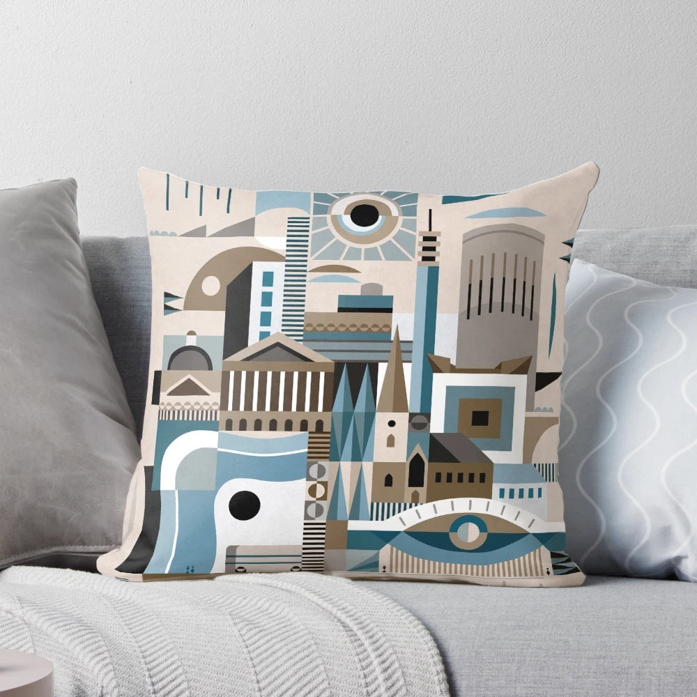 Modernist-inspired pillow featuring Birmingham's cityscape and skyline