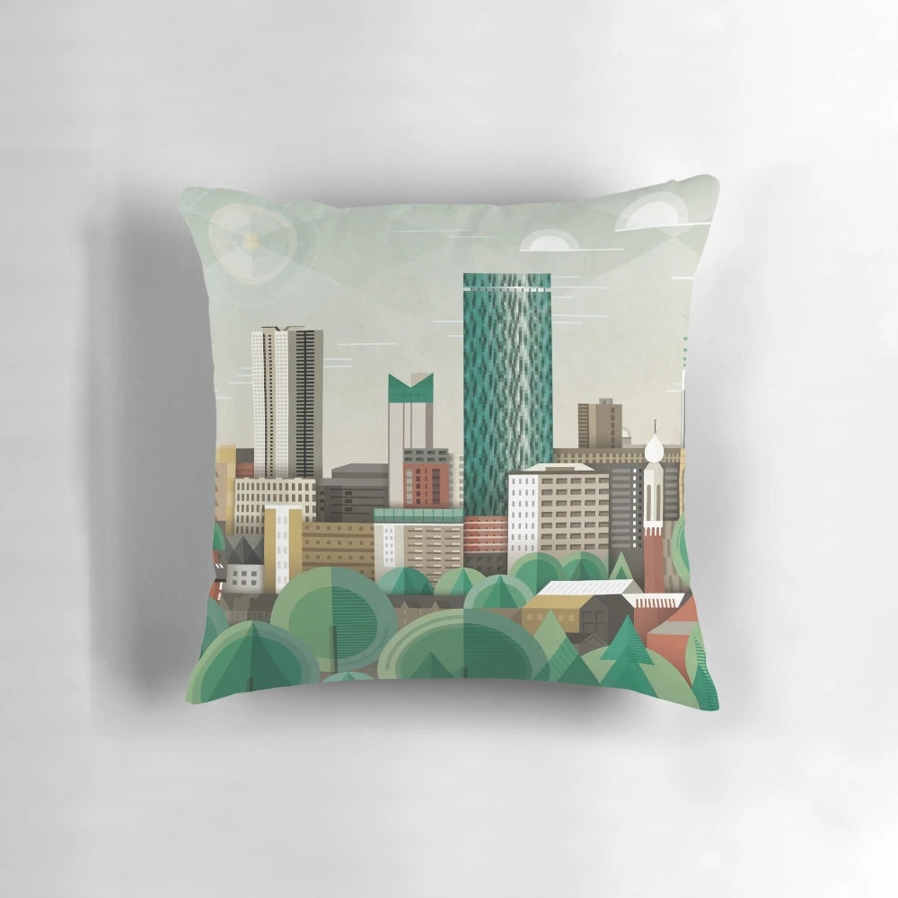 A minimalist, abstract cityscape pillow featuring the Birmingham, UK skyline in a contemporary, geometric design.