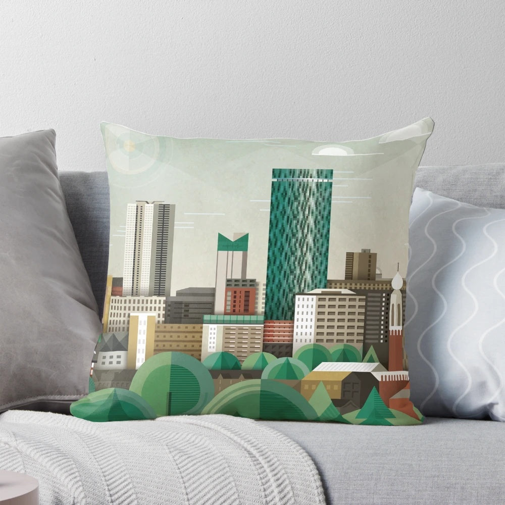 A minimalist, abstract cityscape pillow featuring the Birmingham, UK skyline in a contemporary, geometric design.