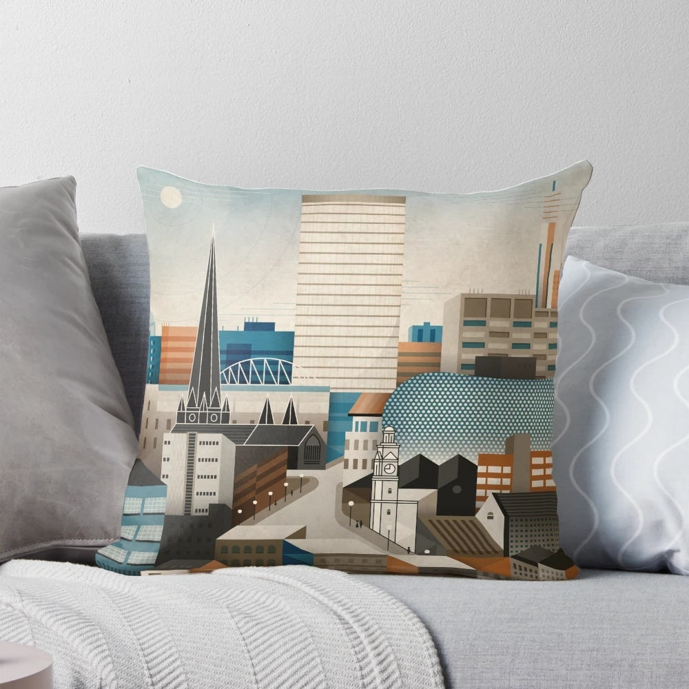 Pillow featuring a modernist design inspired by the architecture of Digbeth, Birmingham