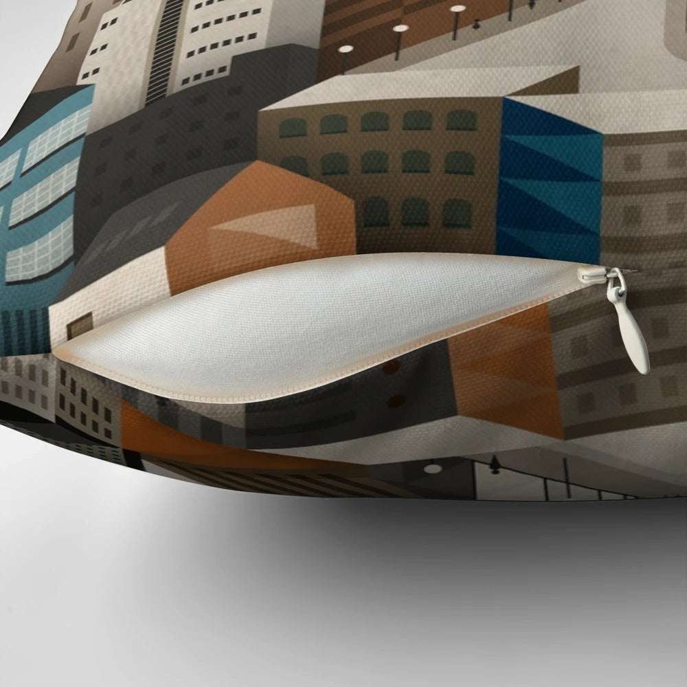 Pillow featuring a modernist design inspired by the architecture of Digbeth, Birmingham