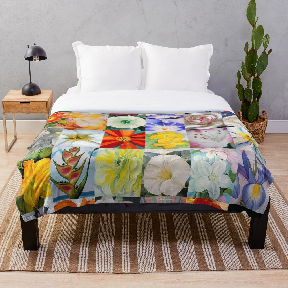 Georgia O'Keeffe inspired plush blanket featuring vibrant floral design