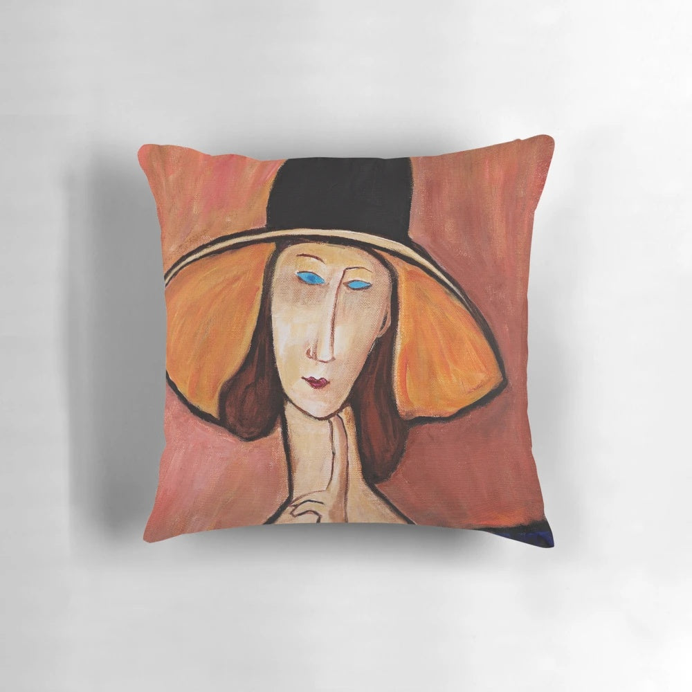 A Modigliani-inspired portrait of a woman with a hat, featured on a stylish throw pillow.