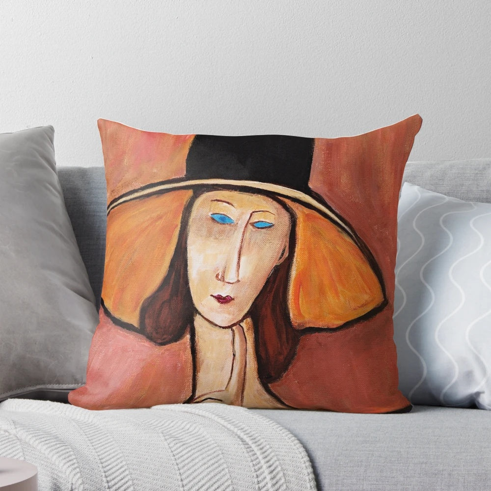 A Modigliani-inspired portrait of a woman with a hat, featured on a stylish throw pillow.