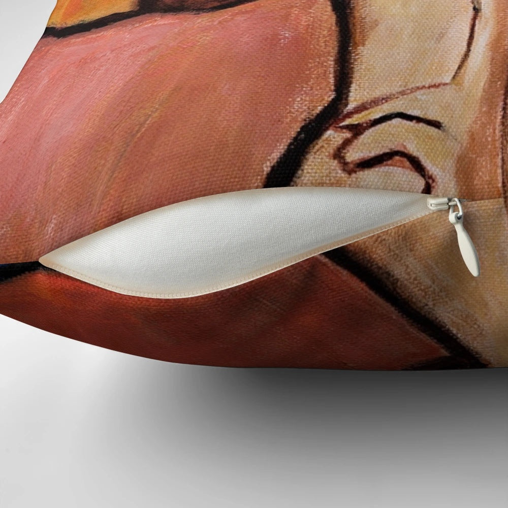 A Modigliani-inspired portrait of a woman with a hat, featured on a stylish throw pillow.