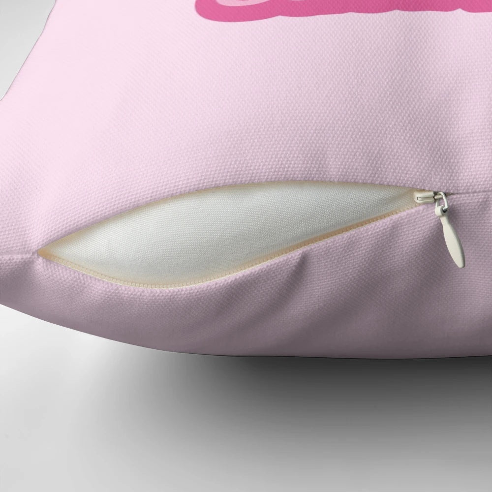 Mojo Dojo Inspired Decorative Pillow featuring a pink and pop art design