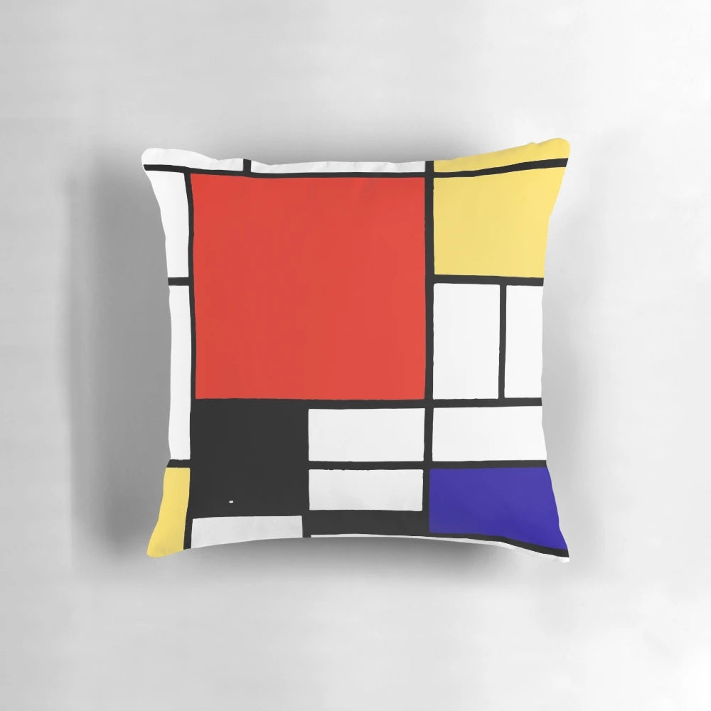 Mondrian-inspired geometric pillow with bold primary color blocks