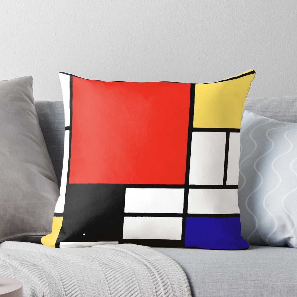 Mondrian-inspired geometric pillow with bold primary color blocks