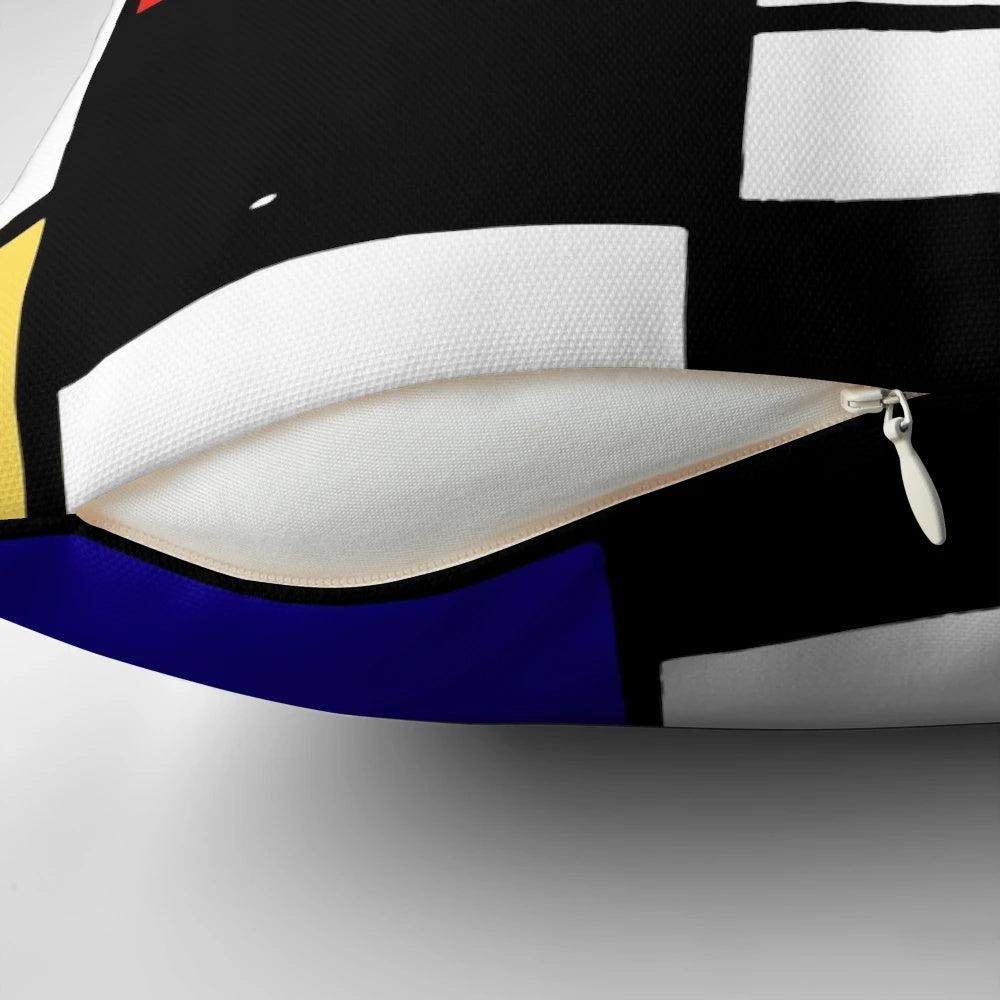 Mondrian-inspired geometric pillow with bold primary color blocks