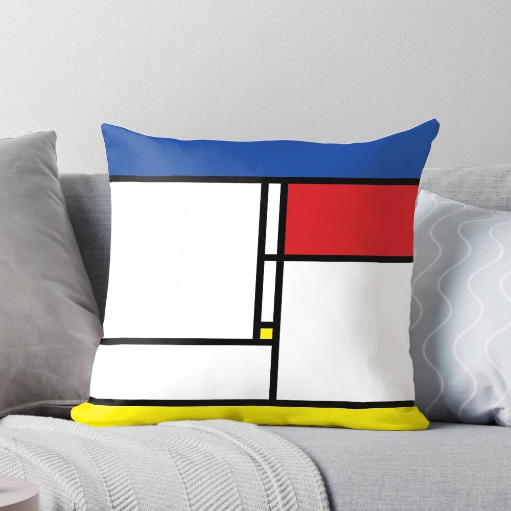 Colorful Mondrian-style abstract art pillow with geometric blocks and modern design elements.