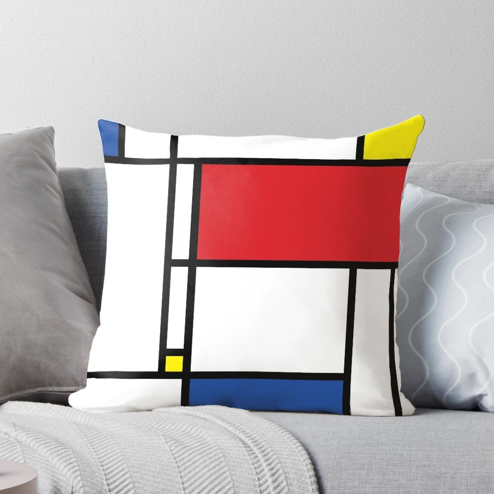 Mondrian-inspired minimalist abstract art pillow with bold geometric shapes and vibrant colors