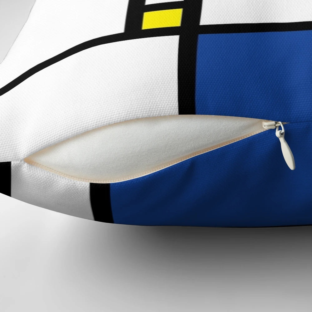 Mondrian-inspired minimalist abstract art pillow with bold geometric shapes and vibrant colors