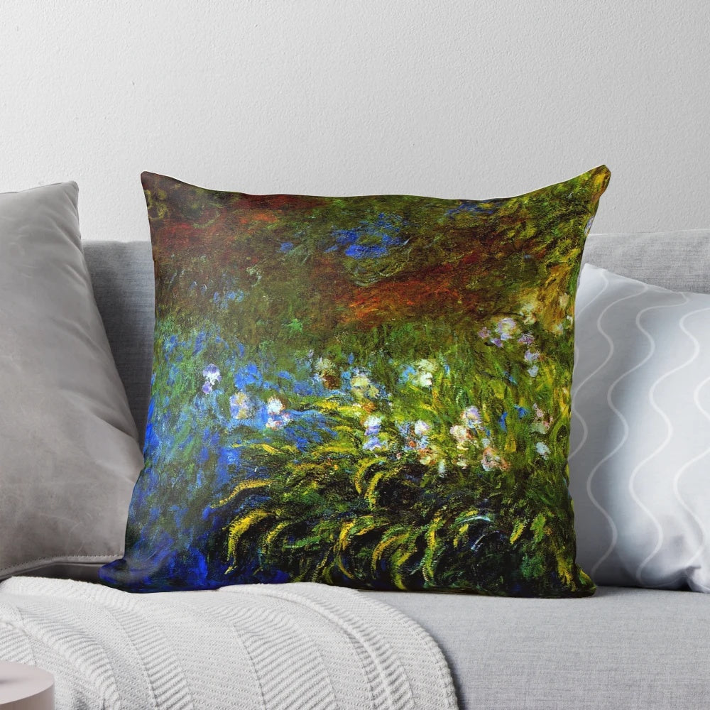 Monet inspired "Iris at the Sea-Rose Pond" floral throw pillow featuring a vibrant painting of irises by a pond