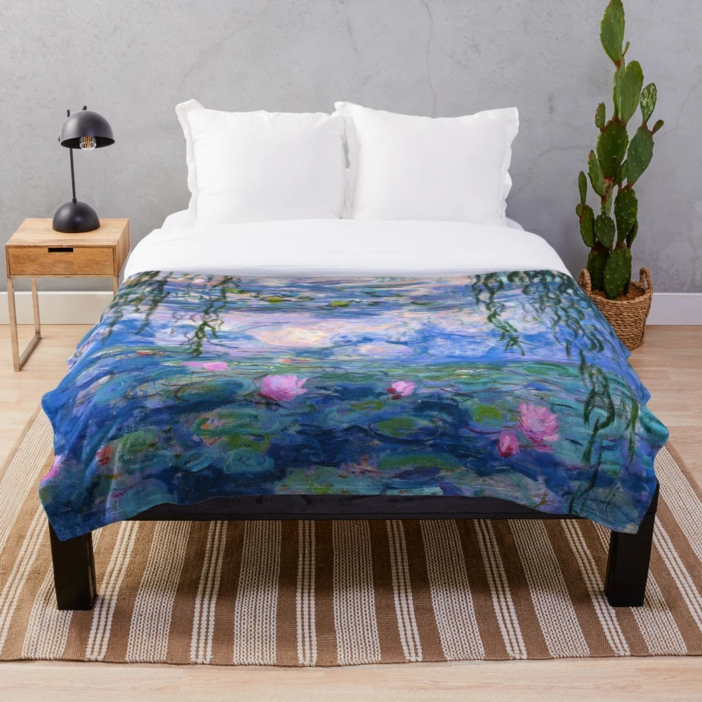 Monet water lilies plush blanket featuring the iconic impressionist painting