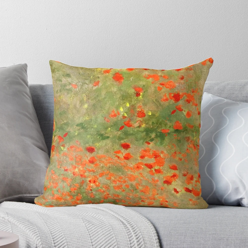 Vibrant Monet-style poppy field painting decorative pillow