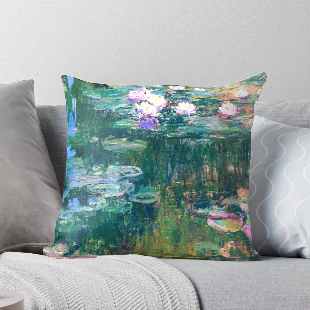 Decorative pillow featuring the iconic water lilies painting by Claude Monet