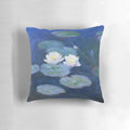Decorative throw pillow featuring Monet's famous water lilies painting, showcasing the beauty of French Impressionist art.