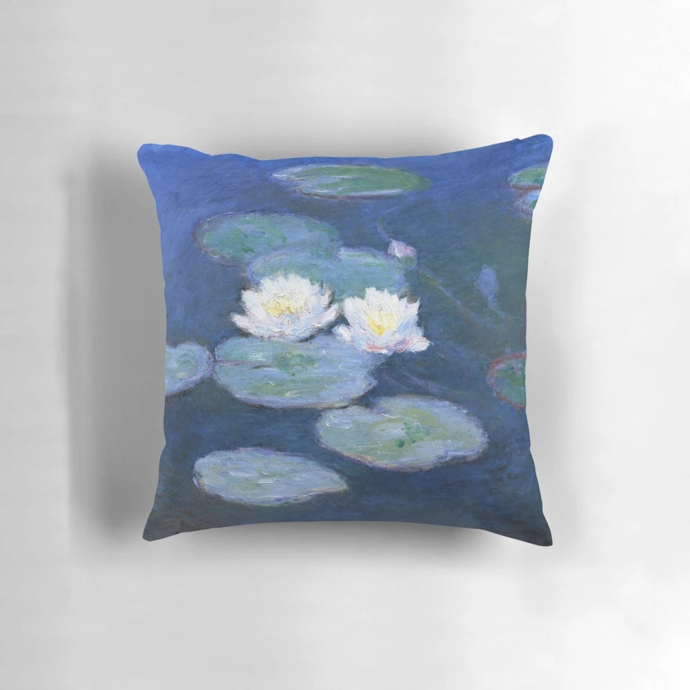 Decorative throw pillow featuring Monet's famous water lilies painting, showcasing the beauty of French Impressionist art.