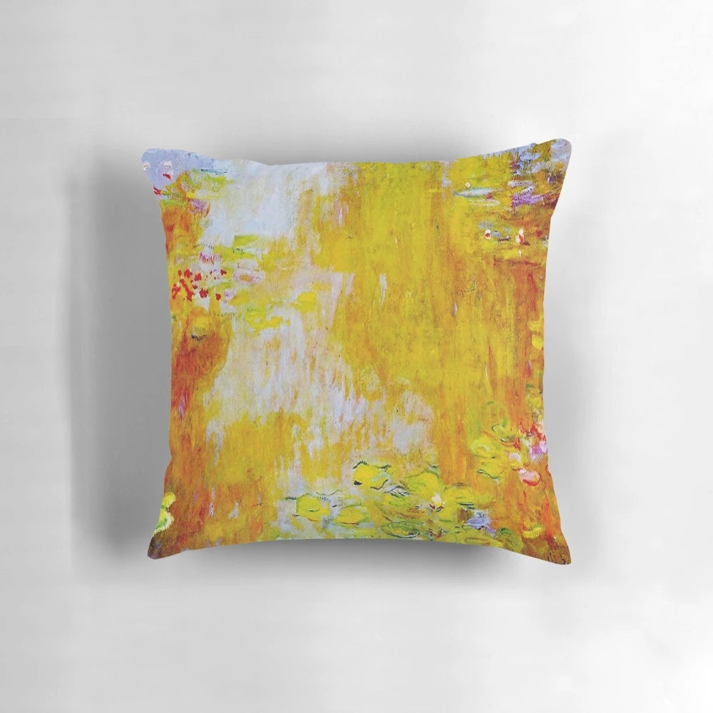 A detailed close-up view of Claude Monet's famous blue and sepia water lily painting, showcased on a high-quality throw pillow.