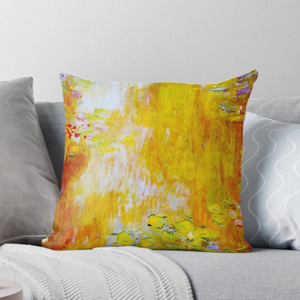 A detailed close-up view of Claude Monet's famous blue and sepia water lily painting, showcased on a high-quality throw pillow.
