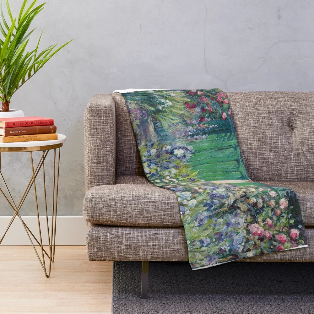 Monet's Garden Plush Blanket featuring a painting of the iconic garden path in Giverny, France