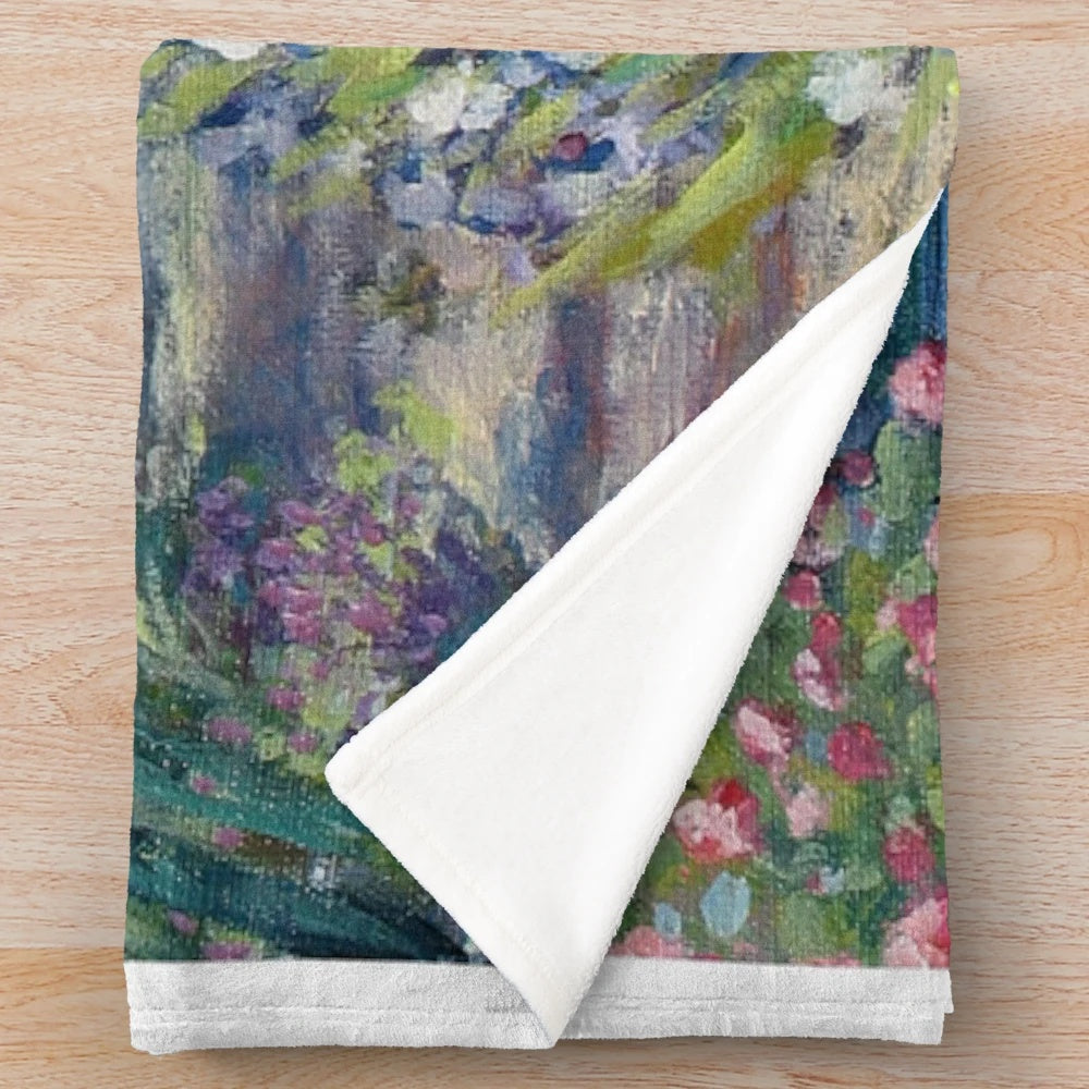 Monet's Garden Plush Blanket featuring a painting of the iconic garden path in Giverny, France