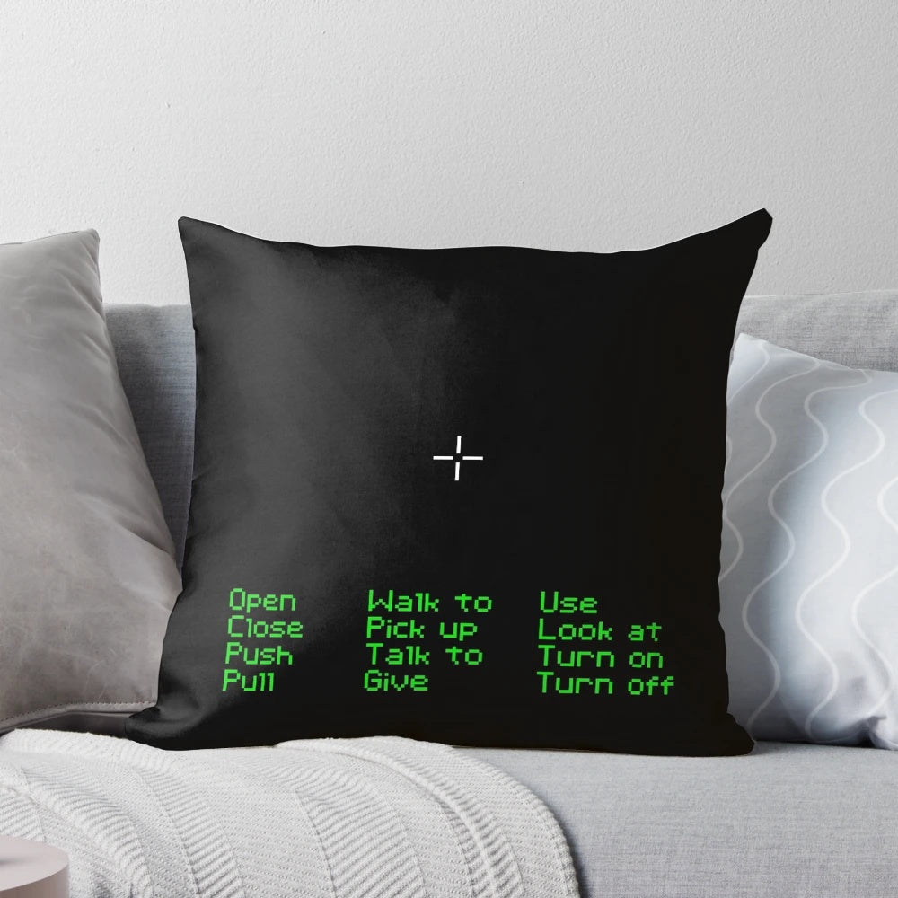A cozy throw pillow featuring the iconic Monkey Island pixel art style, perfect for fans of retro DOS games.