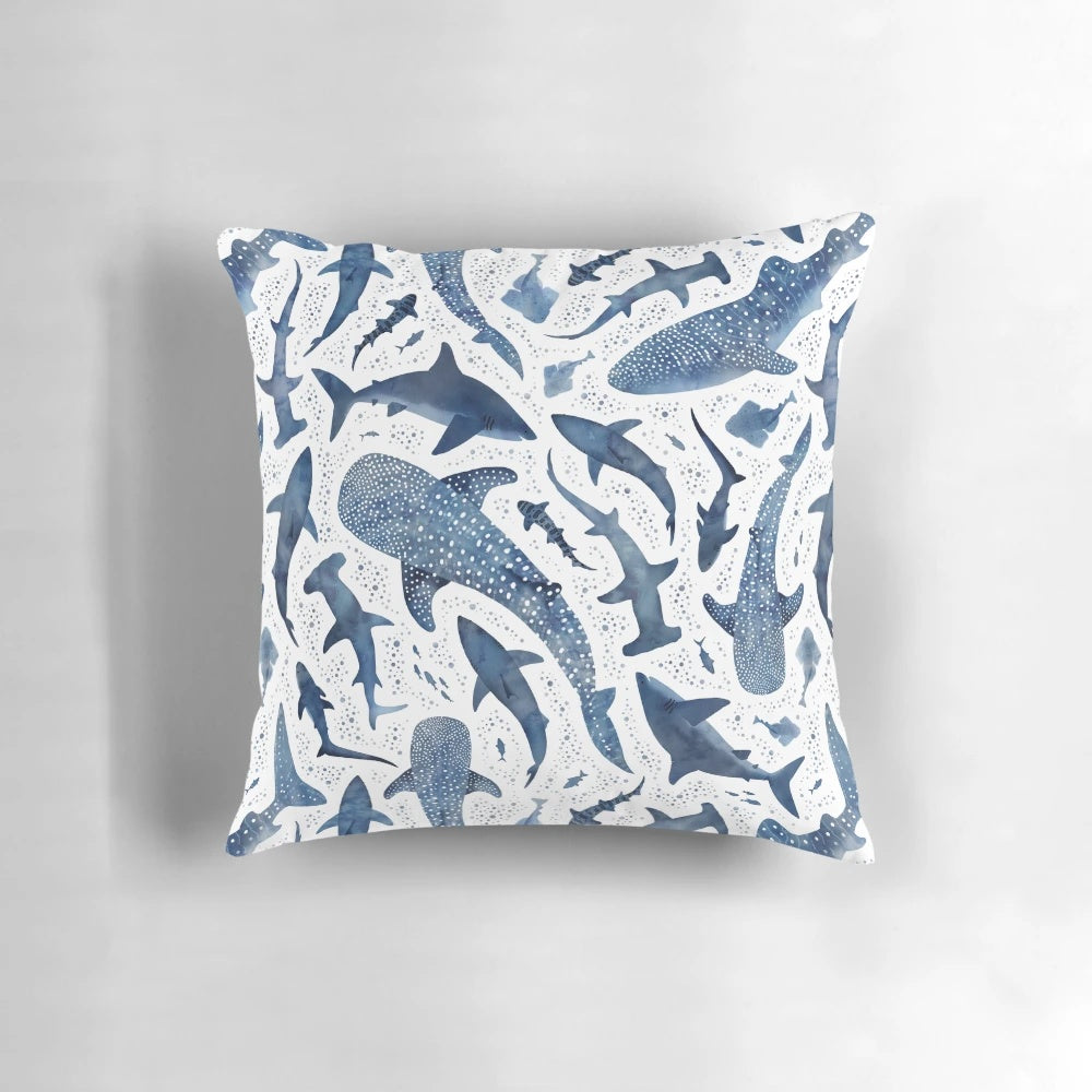 Monochrome blue watercolor painting of a shark in the ocean, perfect for kids' room decor.