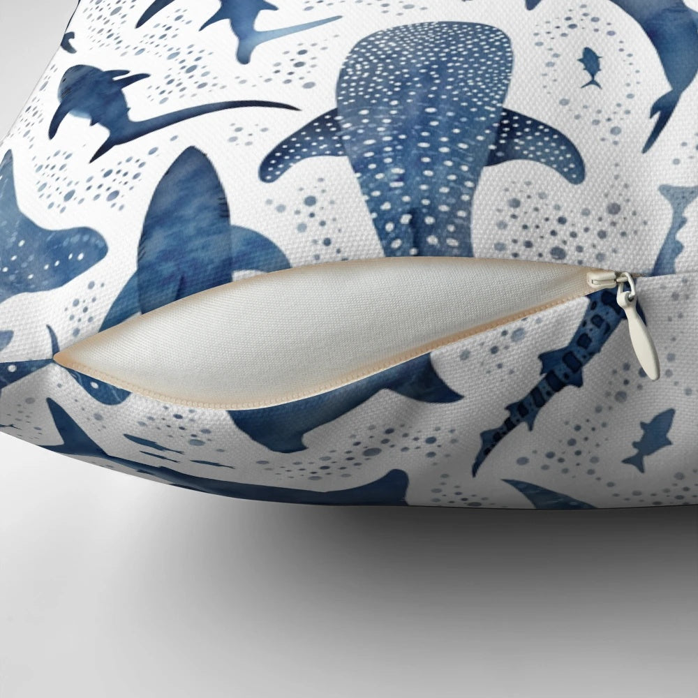 Monochrome blue watercolor painting of a shark in the ocean, perfect for kids' room decor.