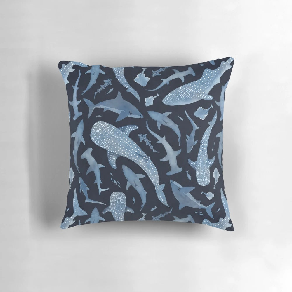 Monochrome blue watercolor image of a shark swimming in the ocean on a black background