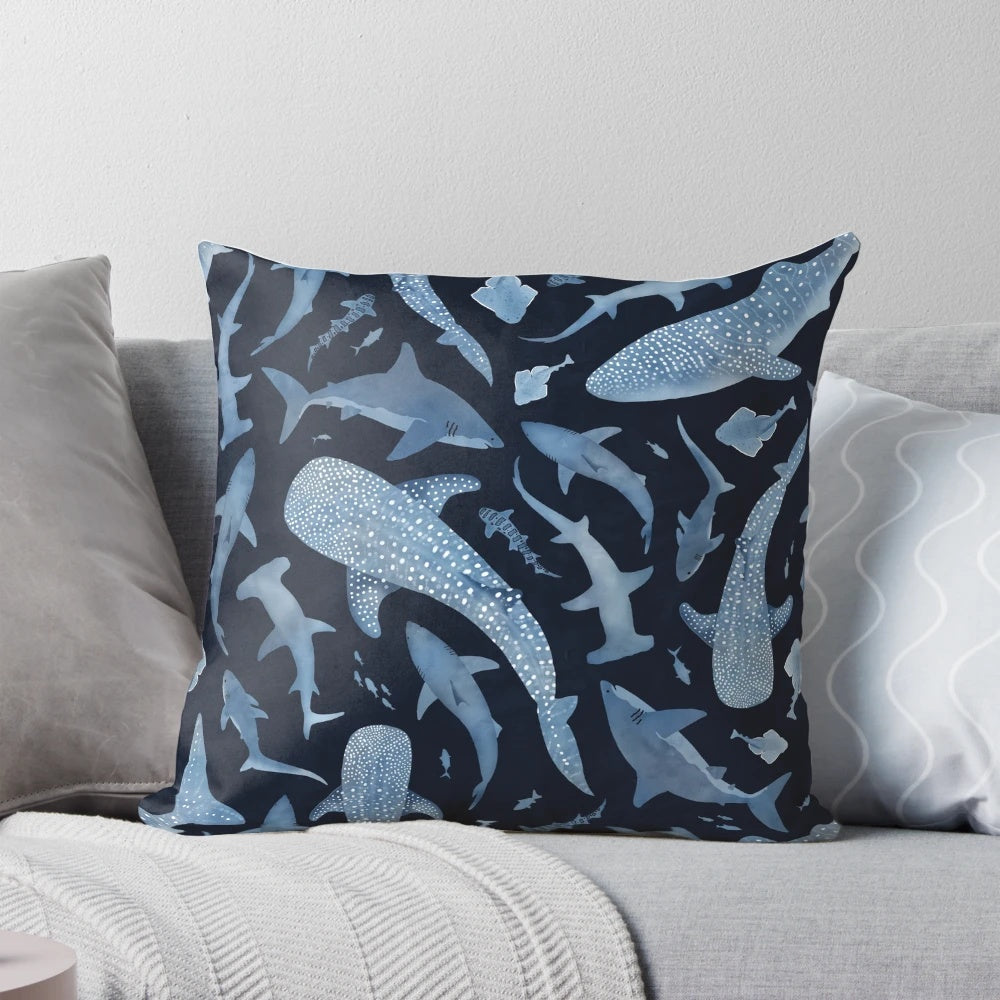 Monochrome blue watercolor image of a shark swimming in the ocean on a black background