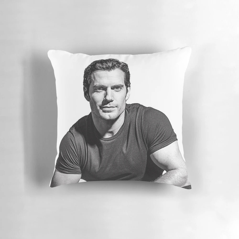 Monochrome decorative pillow with a black and white design, inspired by actor Henry Cavill