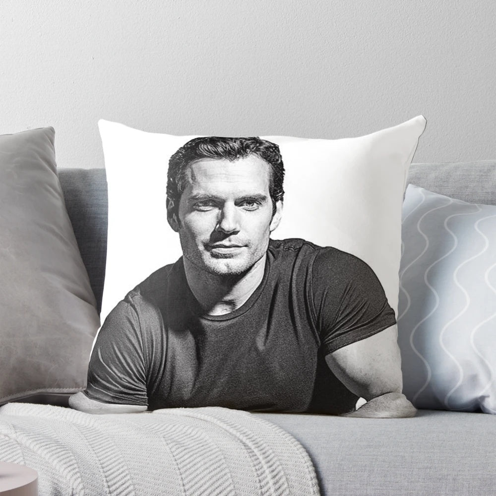 Monochrome decorative pillow with a black and white design, inspired by actor Henry Cavill