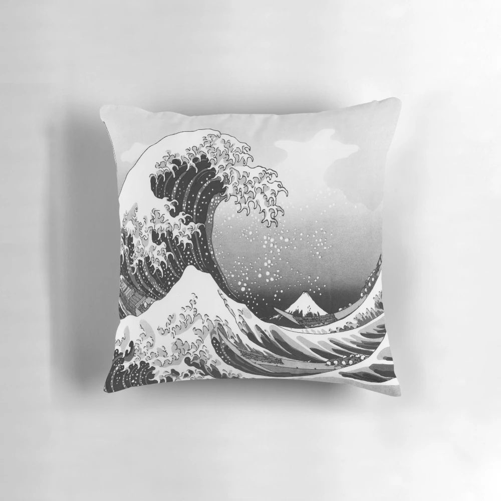 Monochrome Great Wave of Kanagawa Pillow, featuring the iconic woodblock print by Hokusai
