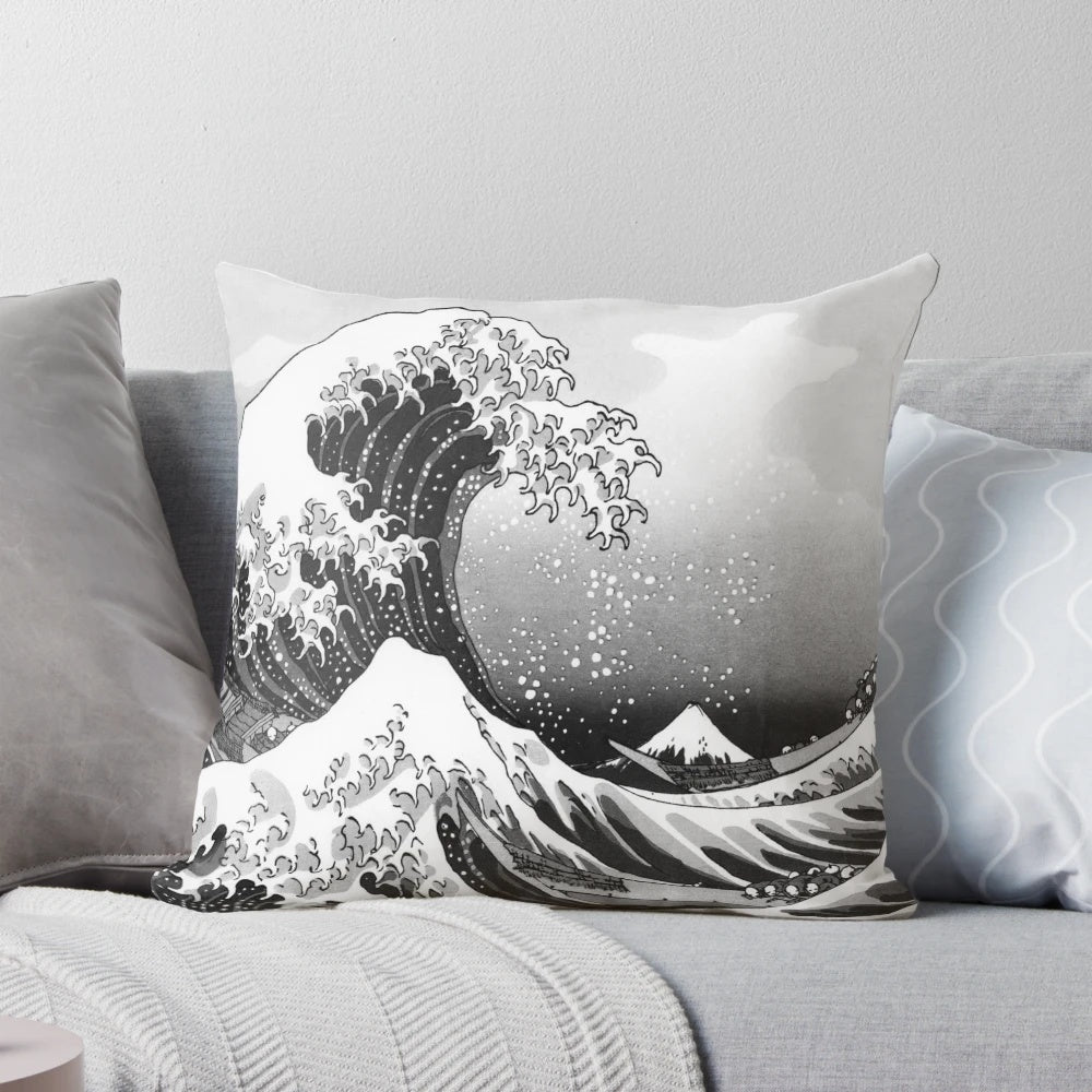 Monochrome Great Wave of Kanagawa Pillow, featuring the iconic woodblock print by Hokusai