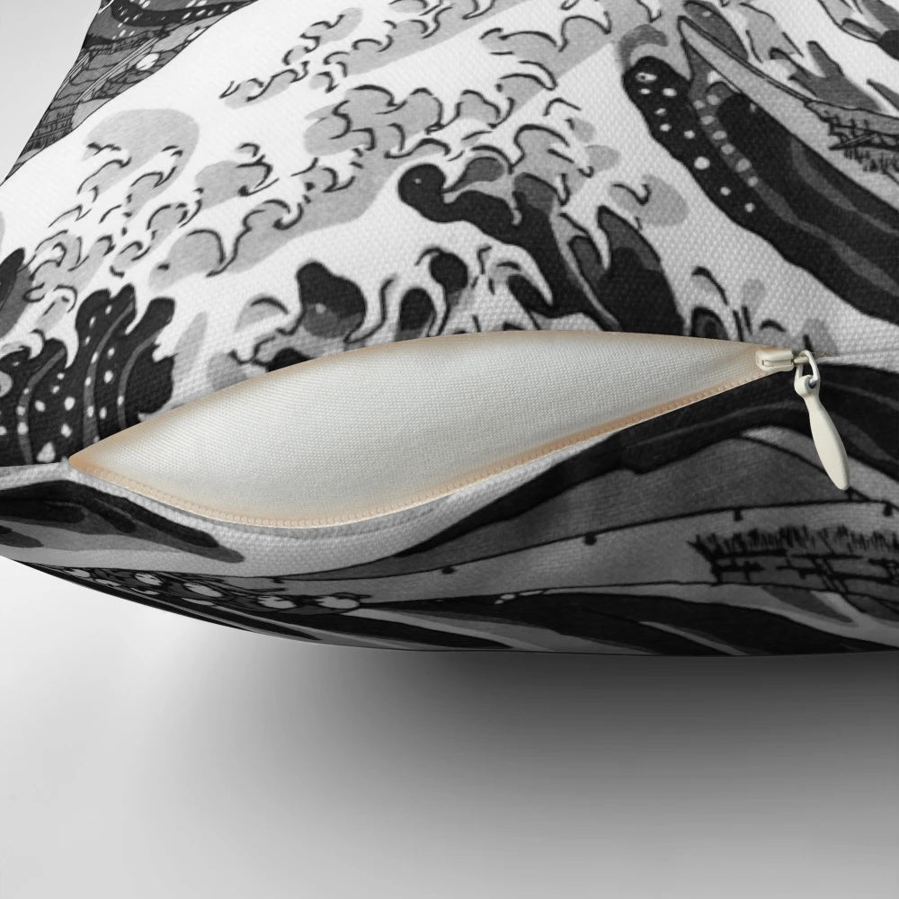 Monochrome Great Wave of Kanagawa Pillow, featuring the iconic woodblock print by Hokusai