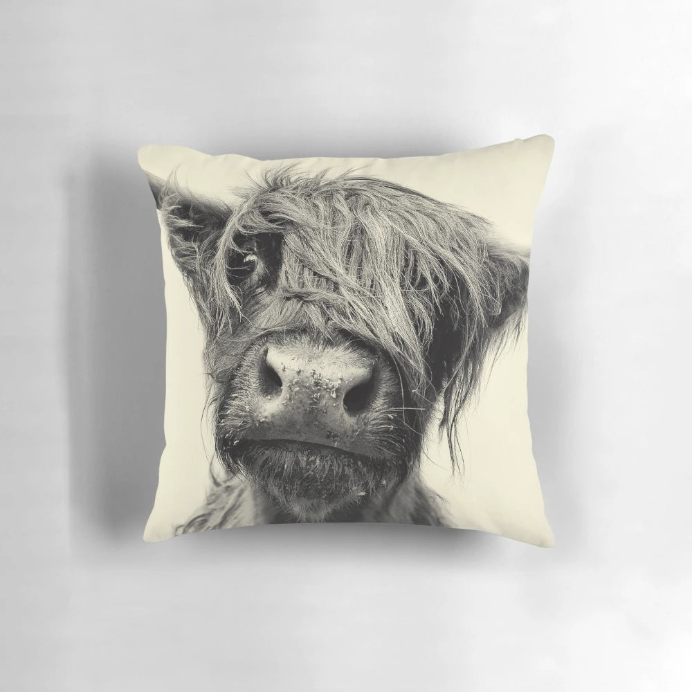 Monochrome portrait of a hairy, wooly highland cow on a decorative pillow