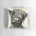 Monochrome portrait of a hairy, wooly highland cow on a decorative pillow