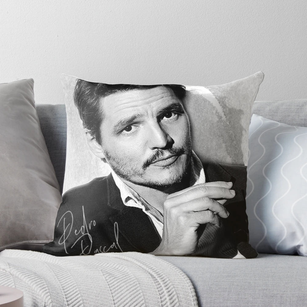 Stylish black and white pillow featuring a portrait of acclaimed actor Pedro Pascal