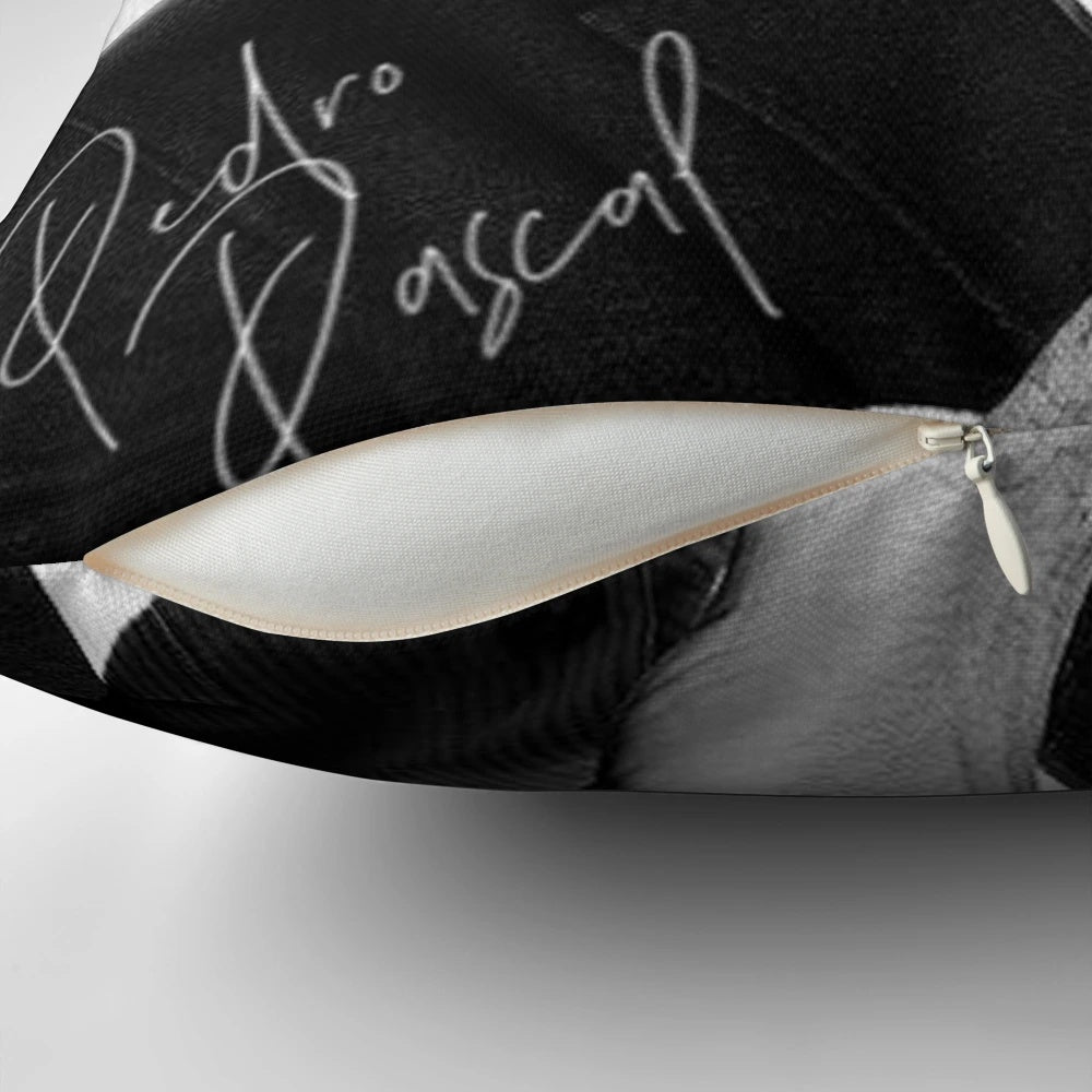 Stylish black and white pillow featuring a portrait of acclaimed actor Pedro Pascal