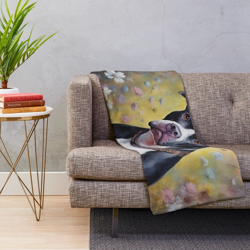 Black and white pitbull dog plush blanket