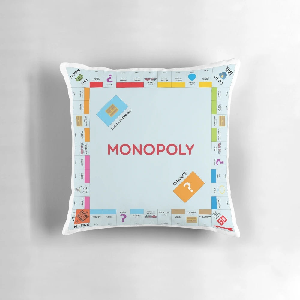 A cozy and whimsical pillow featuring the iconic Monopoly board game design